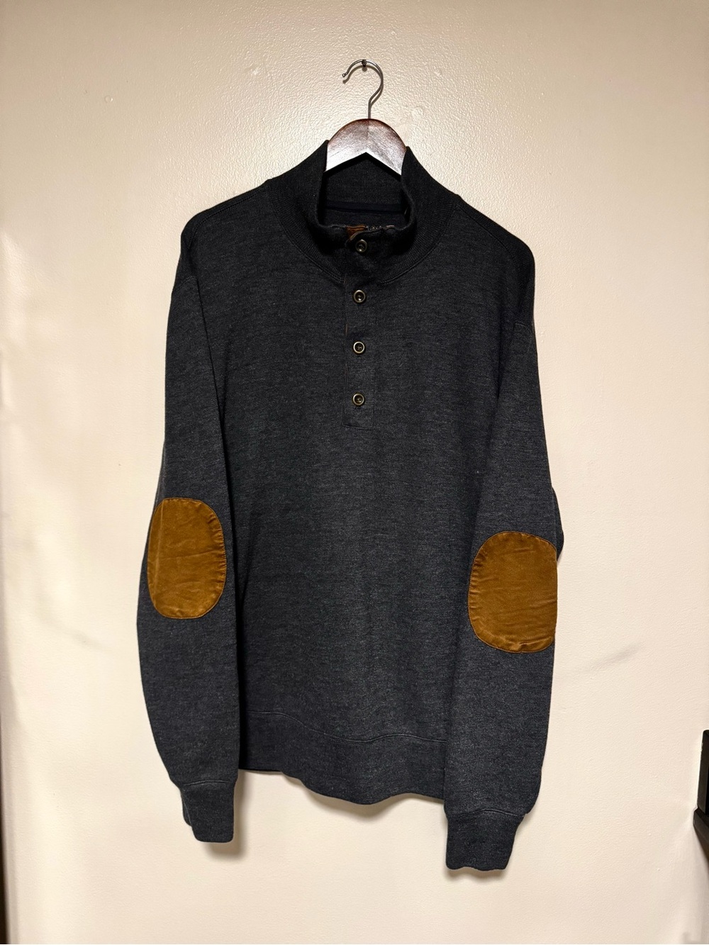 Men's Dark Gray Henley Sweater with Brown Elbow Patches